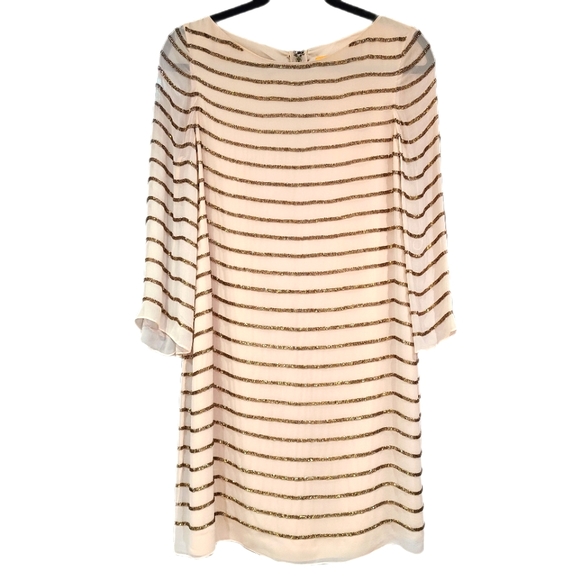 ALICE + OLIVIA Ivory Gold Metallic Beaded Bell Sleeve 3/4 Sheath Stripe S - Picture 3 of 16